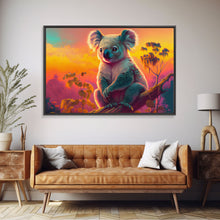 Load image into Gallery viewer, Cute Koala bear at sunset, vaporwave animal art, framed canvas print, framed wall art, ready to hang, synthwave art