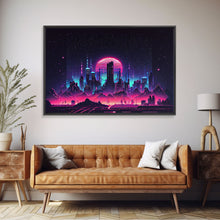 Load image into Gallery viewer, Cyberpunk city skyline superimposed over a sunset, synthwave style dystopian art, framed canvas print