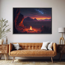 Load image into Gallery viewer, Watercolor of a prehistoric campfire, primitive art, framed canvas print
