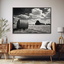 Load image into Gallery viewer, Black and White Photo Of a Barn and Hay Bail, Liminal Art, Country Decor, Farmhouse Style Art, Canvas Print