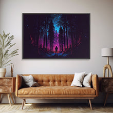 Cargar imagen en el visor de la galería, Contemplating the stars, vaporwave aesthetic, forest art, starry night, framed canvas print, outrun art