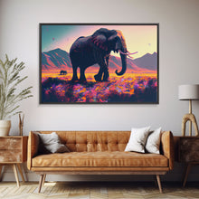 Load image into Gallery viewer, Elephants of Africa, Vibrant and colorful landscape, vaporwave, framed canvas print