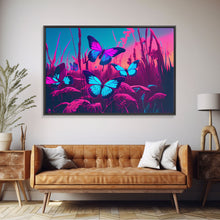 Load image into Gallery viewer, Beautiful butterfly art, vaporwave aesthetic pastel art, framed canvas print, synthwave art