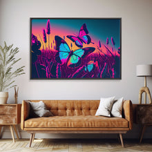 Load image into Gallery viewer, Beautiful turquoise butterfly art, vaporwave aesthetic pastel art, framed canvas print, synthwave art