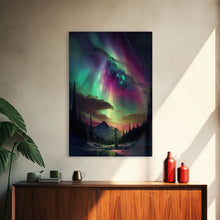 Carregar imagem no visualizador da galeria, Aurora Borealis, Northern Lights Art, framed canvas print, snow capped mountain landscape art