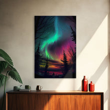 Carregar imagem no visualizador da galeria, Aurora Borealis, Northern Lights Art, framed canvas print, snow capped mountain landscape art