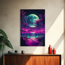 Carregar imagem no visualizador da galeria, Full Moon over a Florida Beach, Palm Trees, Outrun Style Beach Landscape art, framed canvas Print