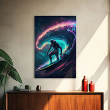 Load image into Gallery viewer, Astronaut surfing the stars, Cosmic Surfer, Galaxy Art, framed canvas print, unique colorful wall art