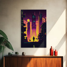 Load image into Gallery viewer, Cyberpunk art, Retrowave style dystopian cityscape art, game room art, framed canvas print, retro wave city skyline