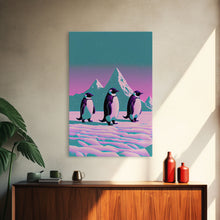 Load image into Gallery viewer, Retrowave Penguins in the Arctic, synthwave style wall art, Antarctica art, framed canvas print, cute animal prints