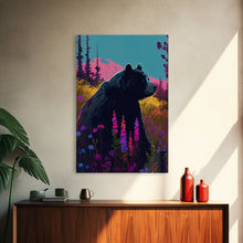 Load image into Gallery viewer, Cute brown bear stopping to smell the flowers, animal prints, framed canvas print, colorful unique wall art
