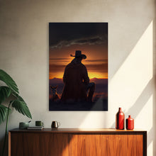 Carregar imagem no visualizador da galeria, A cowboy and his horse at sunset, framed canvas art, canvas print, western decor, farmhouse art