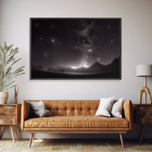 Load image into Gallery viewer, Black and white Watercolor of a starry night sky over a pine forest, framed canvas print