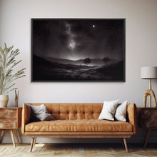 Load image into Gallery viewer, Black and white Watercolor of a starry night sky over the planes of Texas, framed canvas print