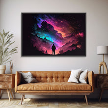 Cargar imagen en el visor de la galería, Contemplating the Universe, retro style space art, framed canvas print, synthwave space decor