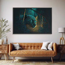 Load image into Gallery viewer, Blue Eyed Black Panther, framed canvas print, unique wall art, wildlife canvas art, living room wall art