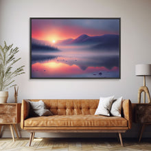 Cargar imagen en el visor de la galería, Foggy Sunset Over a Pine Forest and Lake, Fall Tones, Wall Decoration, Framed Canvas Print, cool wall art, minimalist boho wall art