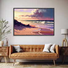 Load image into Gallery viewer, Boho Style Whimsical Beach Art, Framed Canvas Print, Minimalist Modern Farmhouse Decor, Pink Sunset Sky over the beach