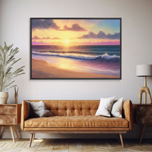 Load image into Gallery viewer, Boho Style Whimsical Beach Art, Framed Canvas Print, Minimalist Modern Farmhouse Decor, Pink Sunset Sky over tide rolling in