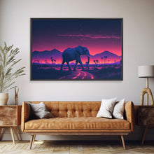 Load image into Gallery viewer, Elephant Art | Framed Canvas Print | Synthwave Style Framed Wall Art | Animal Prints | Elephant Walks Under A Full Moon | Kid's Room Decor