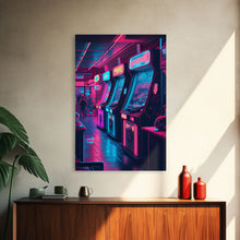 Cargar imagen en el visor de la galería, Game Room Decor, Framed Canvas Print, Synthwave Arcade, Boys Room, Gamer Gift, Gaming Wall Art, Video Game Posters, Teen Room