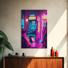 Cargar imagen en el visor de la galería, Game Room Decor, Framed Canvas Print, Synthwave Arcade, Boys Room, Gamer Gift, Gaming Wall Art, Video Game Posters, Teen Room