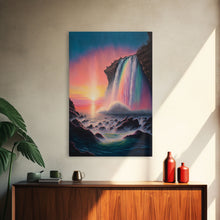 Carregar imagem no visualizador da galeria, A Mythical Waterfall and Rainbow pouring Into the ocean blue at sunset, framed canvas print