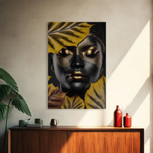 Load image into Gallery viewer, Beautiful Woman Art Framed Canvas Print Black Gold Woman Wall Art Lady Print, Gold Face Leaves Palm decor ready to hang Ethnic girl portrait