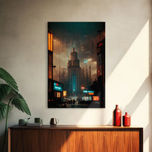 Load image into Gallery viewer, Art Deco Cyberpunk Cityscape Canvas Print, Scifi art, cool wall art for mancave, dystopian art, architecture