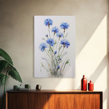 Load image into Gallery viewer, Blue Bachelor Buttons Art Print - Framed Giclee Oil Painting Print - Oil Painting Still Life Original - Large Flower Canvas Print or Poster