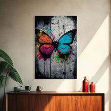Load image into Gallery viewer, Graffiti Butterfly Art, Framed Canvas Print, Large Wall Art, Contemporary Punk Art, Butterflies, Pop Art, Paint Splatter Art