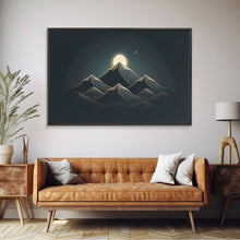 Load image into Gallery viewer, Black and Gold Art Deco Style Mountain landscape at Sunset, Framed Canvas Print, Large Format Wall Art, Huge Wall Decor