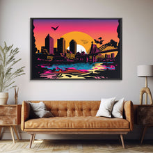 Load image into Gallery viewer, Beautiful Portland, Oregon Retro Synthwave Style Sunset Art, Framed Canvas Print, Pacific Northwest City Art