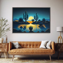 Load image into Gallery viewer, Retro Art Deco Style Pueblo Desert Art, Cactus Desert Landscape under a Full Moon, Framed Canvas Print, Cute Western Decor