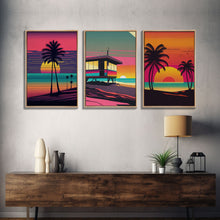 Load image into Gallery viewer, Beach Vibes, 3 Panel Wall Art, Framed Canvas Prints, Triptych Art, 3 Piece, 80s Vibes Vaporwave Wall Art, Life Guard Hut and Palm Trees