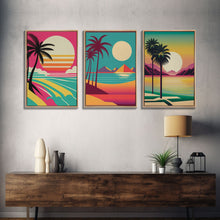 Load image into Gallery viewer, Beautiful Turquoise Retro Style Beach Art, Triptych 3 Panel Framed Canvas Prints, Palm Trees and Sunset, 80s Vibes Vaporwave Art Deco Mashup