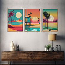 Load image into Gallery viewer, Beautiful Turquoise Retro Style Beach Art, Triptych 3 Panel Framed Canvas Prints, Palm Trees and Sunset, 80s Vibes Vaporwave Art Deco Mashup