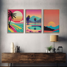 Load image into Gallery viewer, Beach Vibes - Midcentury / Art Deco / 80 Vibes Mash up - Framed Canvas Prints - Turquoise Sky and Palme Trees - 3 Panel Art, Triptych Prints