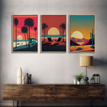 Load image into Gallery viewer, Beach Vibes - Midcentury / Art Deco / 80 Vibes Mash up - Framed Canvas Prints - Turquoise Sky and Palme Trees - 3 Panel Art, Triptych Prints