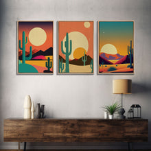 Load image into Gallery viewer, Desert Art, Desert Prints, Trendy Wall Prints, Framed Canvas Art, 3 Piece Wall Prints, Southwestern Decor, Primitive Cactus Art, Arizona Art