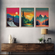 Load image into Gallery viewer, Scandinavian Canvas Prints Framed, 3 Piece Wall Art, Nordic Print Set, Modern Abstract Art, Minimalist Landscape Sunset Art, Forest Mountain