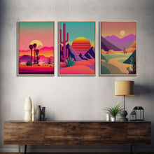 Carregar imagem no visualizador da galeria, 3 Piece Framed Canvas Wall Art, Synthwave / Vaporwave Sunset, Palme Trees and Cactus, Mid Century Modern Home Artwork Boho Decor for Bedroom