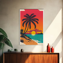 Carregar imagem no visualizador da galeria, Framed Canvas Print - Art Deco Sunset, Beaches, Minimalist Palm trees - Island Vibes - Retro Tropical Art - Pop Art Beach Decor