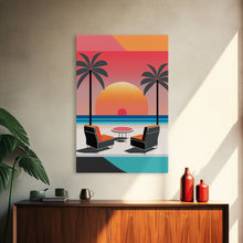Cargar imagen en el visor de la galería, Framed Canvas Print - Art Deco Sunset, Minimalist Beach, Palm Trees, Retro Style, Synthwave, Vaporwave, Minimalist Abstract Decor