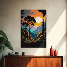 Load image into Gallery viewer, Colorful Pop Art Picture of a Mountain and Forest Landscape, Framed Canvas Print, Surrealist High Contrast Cel Shaded Landscape Art