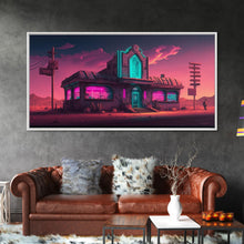 Load image into Gallery viewer, Art Deco Cyberpunk Diner, Wild West Mashup Art, Framed Canvas Print, Neon Art, Wild West Concept Art