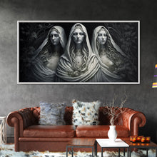 Load image into Gallery viewer, The Norns, Norse Mythology, Weavers of Fate, Framed Canvas Print, Urðr, Verðandi, and Skuld, Black and White Norse Fantasy Art