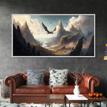Load image into Gallery viewer, Dragons in Flight Over a Valley, Fantasy Art, Framed Canvas Print, Medieval Fantasy Art, Fire breathing dragons