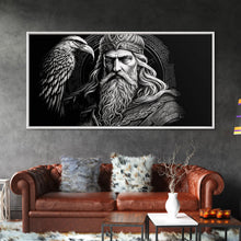 Load image into Gallery viewer, Black and White Portrait of Odin and Muninn, King of The Gods, Framed Canvas Print, Odin's Ravens, Norse Mythology Art