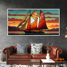 Carregar imagem no visualizador da galeria, Art Deco Stained Glass Sail Boat Wall Art | Framed Canvas Print | Nautical Art | Seascape Art | Beach House Decor